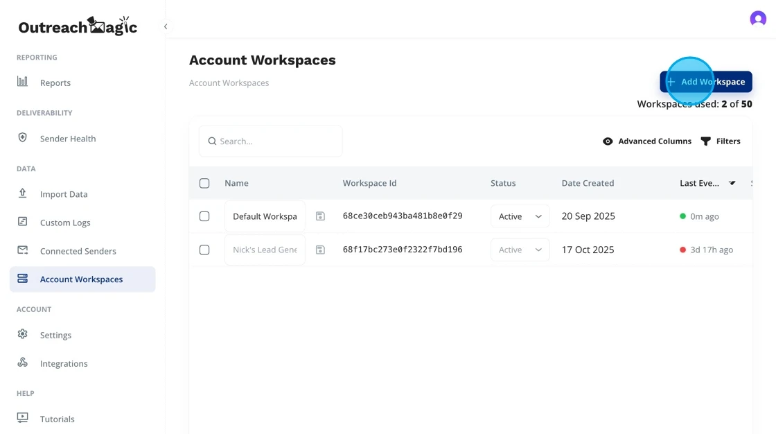 Add Workspace button