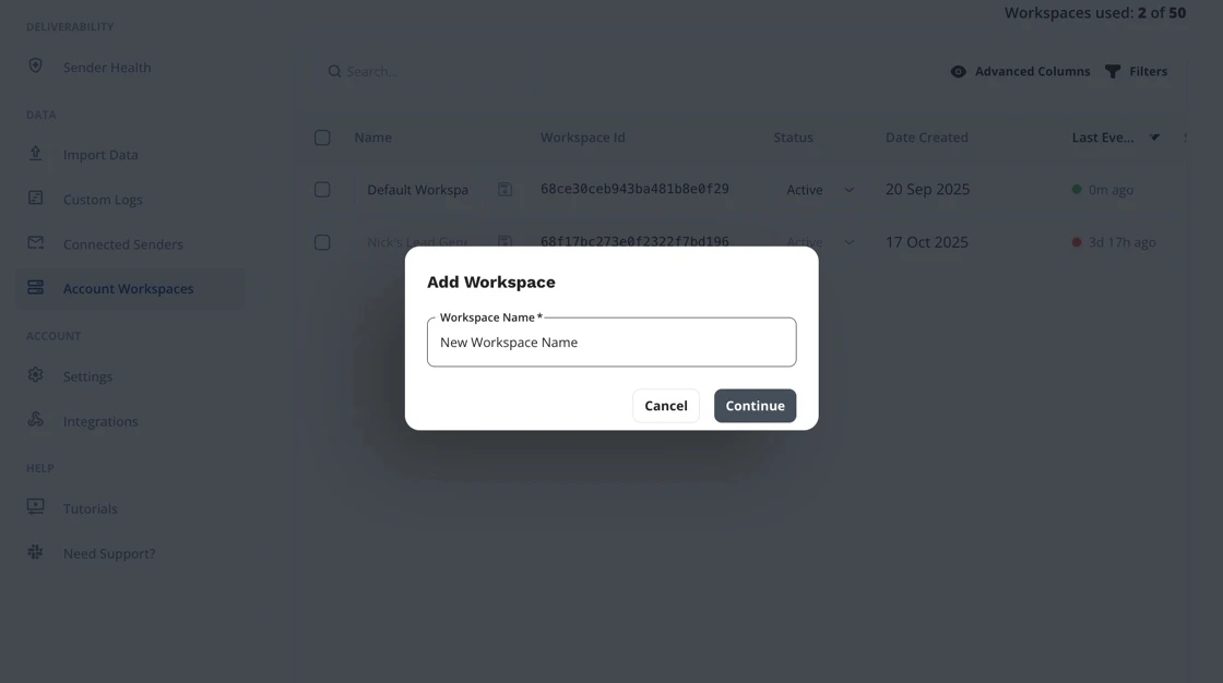 Entering workspace name