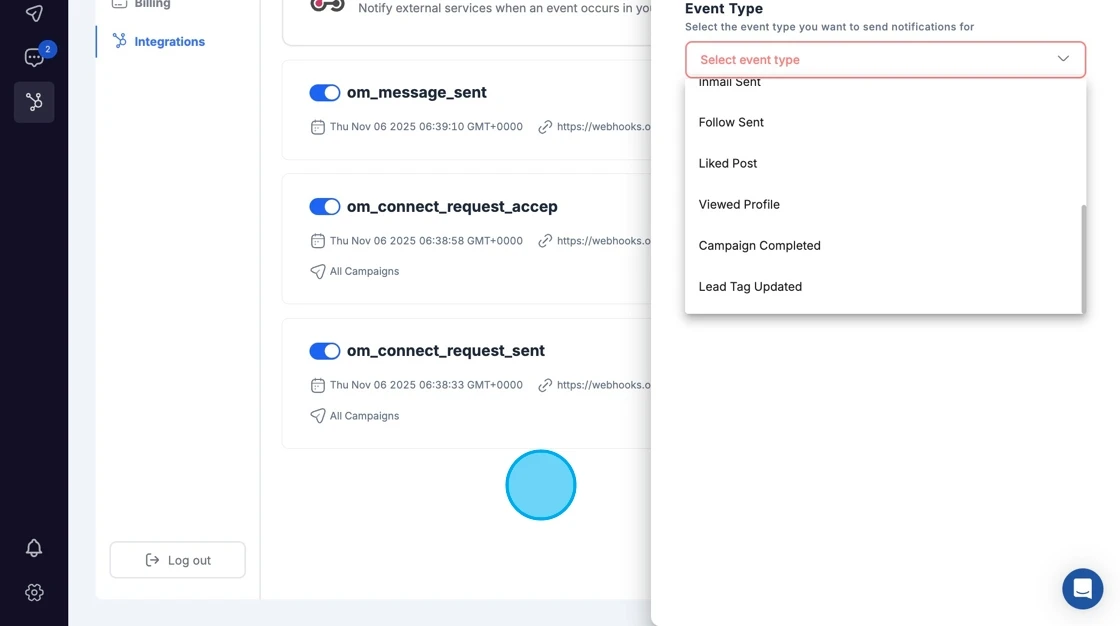 Create multiple webhooks for each HeyReach event type