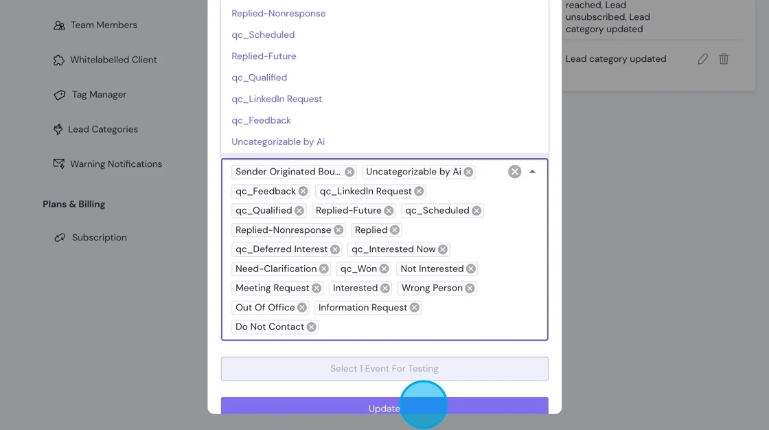 Select all lead category events in Smartlead
